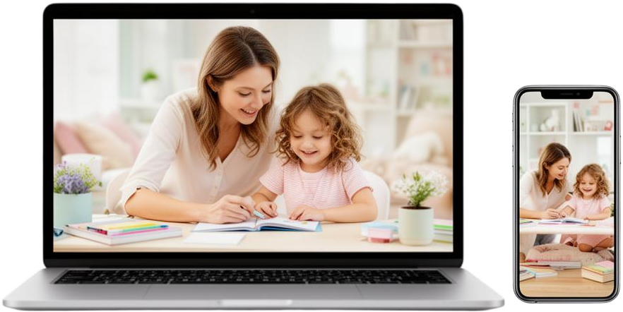 Mockup do curso Letra Viva em notebook e smartphone mostrando uma mãe ensinando o filho a ler em casa